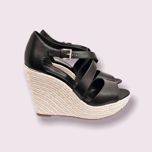 NEW Michael Kors Leather Wedge Sandals Espadrilles Black, Size 9.5 Retail $139 - Picture 2 of 13